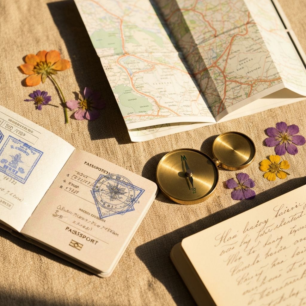 Travel essentials flat lay: passport, camera, and map